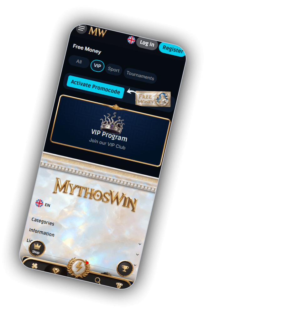 Bereich Free Money bei MythosWin auf dem Handy mit den Filtern All, VIP, Sport und Tournaments, einem hellblauen Knopf Activate Promocode neben einer Münze mit der Aufschrift Free Money, einer Karte VIP Program mit Schlangenkrone und dem Fussbereich aus Marmor mit dem Schriftzug MythosWin