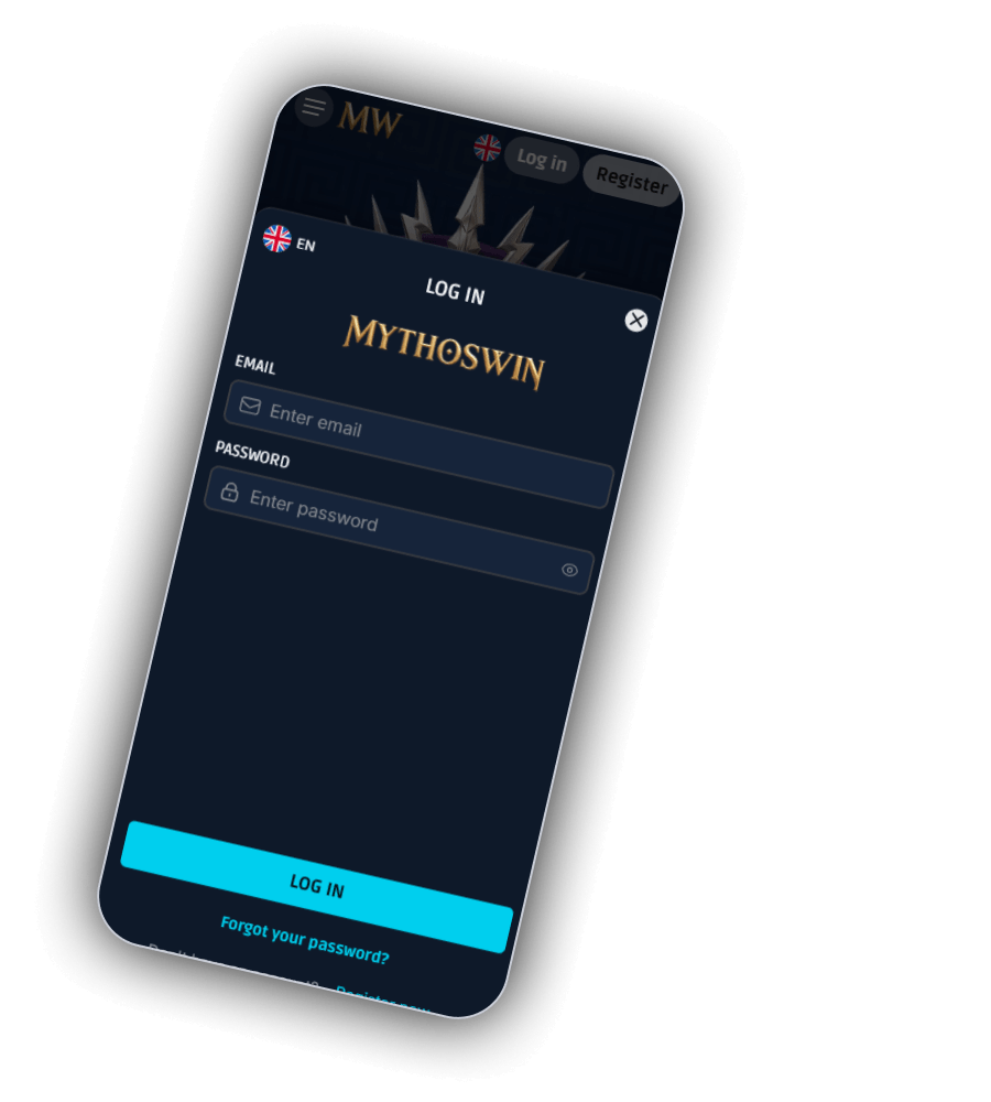 Fenster Log in bei MythosWin auf dem Handy mit der britischen Flagge und EN, dem Schriftzug MythosWin, den Feldern Email mit Enter email und Password mit Enter password und Augensymbol, einem hellblauen Knopf Log in und dem Link Forgot your password