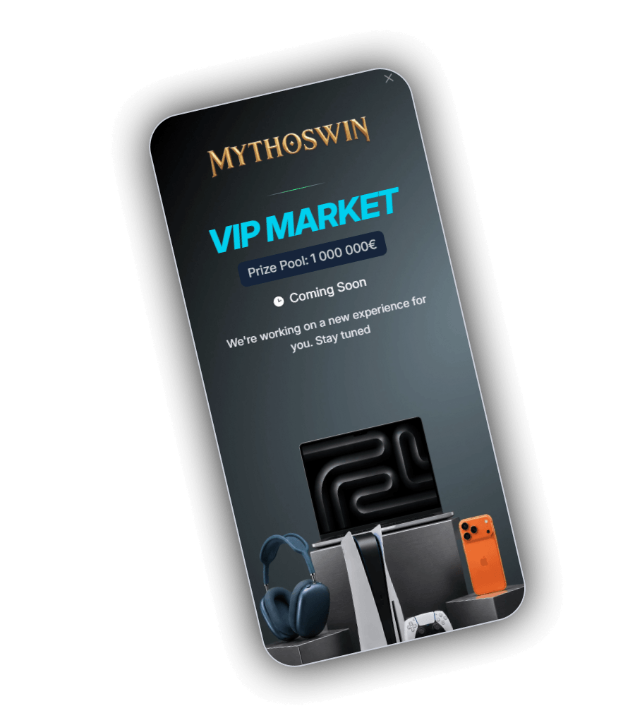 VIP Market bei MythosWin mit dem Schriftzug MythosWin, der Zeile Prize Pool 1 000 000 Euro und Technikpreisen auf grauen Sockeln, darunter Kopfhörer, ein Laptop, eine Spielkonsole mit Controller und ein oranges Smartphone