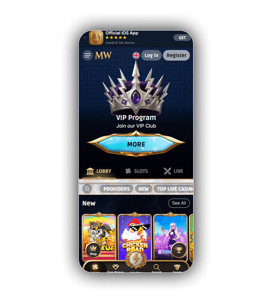 Startbildschirm von MythosWin auf dem Handy mit dem Hinweis Official iOS App, einer silbernen Strahlenkrone mit violettem Stein, den Zeilen VIP Program und Join our VIP Club, einem hellblauen Knopf MORE, den Reitern Lobby, Slots und Live, den Filtern Providers, New und Top Live Casino und der Reihe New mit Le Zeus, Chicken Road und Beach Princess Bonanza