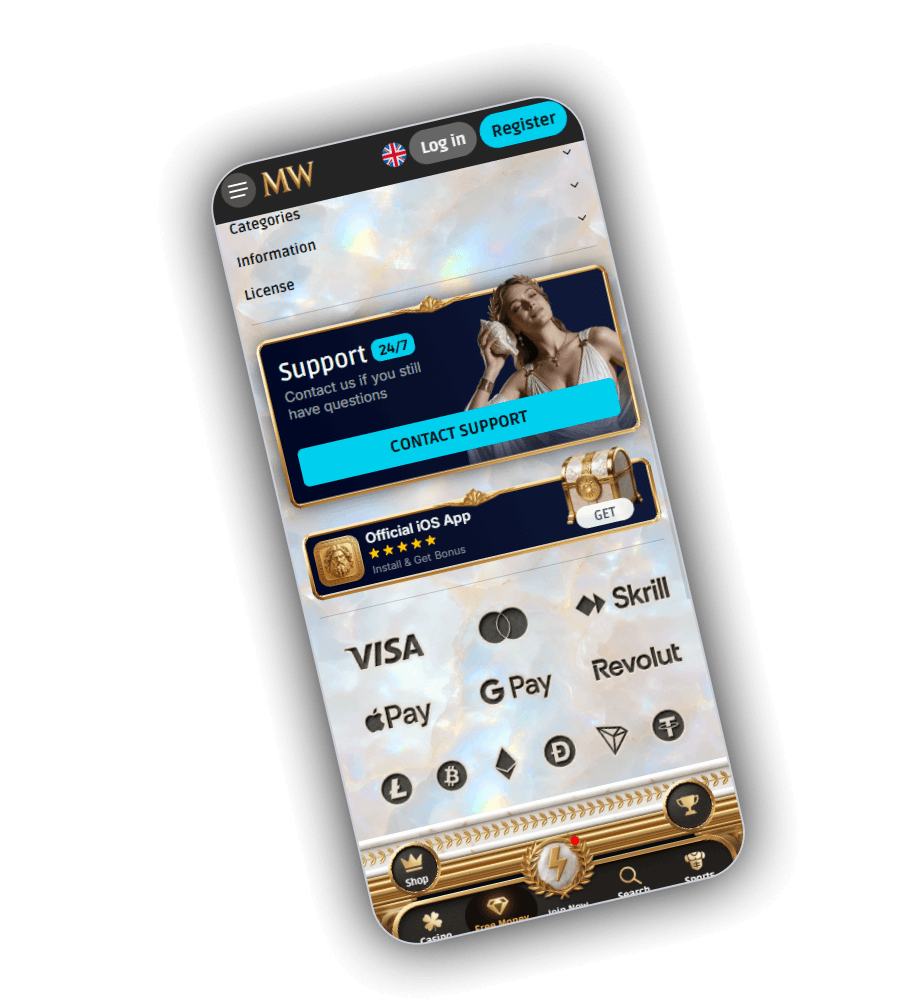 Fussbereich von MythosWin auf hellem Marmor mit den Menüs Categories, Information und License, einer Karte Support 24/7 mit einer Frau, die eine Muschel hält, und einem Knopf Contact Support, dem Hinweis Official iOS App mit Schatztruhe und den Logos von Visa, Mastercard, Skrill, Revolut, Google Pay und Apple Pay sowie Münzen für Litecoin, Bitcoin, Ethereum, Dogecoin, Tron und Tether