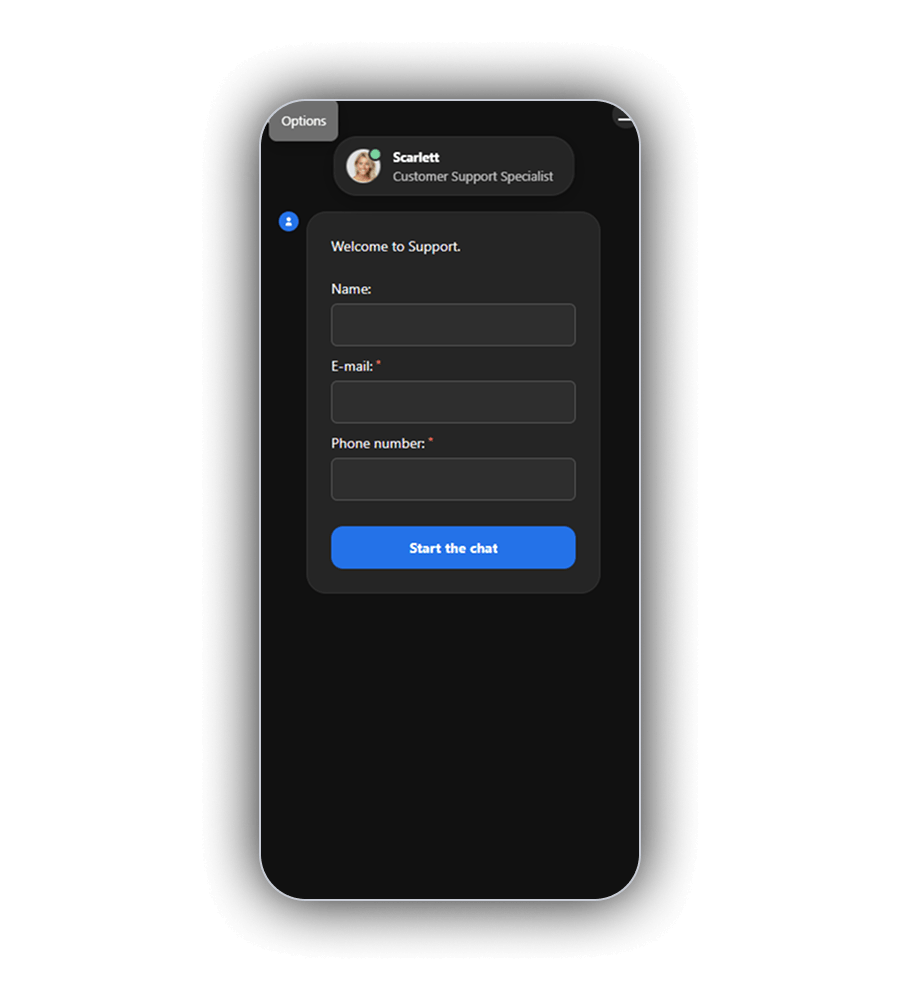 Chatfenster des Kundenservice von MythosWin mit dem Knopf Options, Scarlett als Customer Support Specialist mit grünem Punkt, dem Gruss Welcome to Support, den Feldern Name, E-mail und Phone number und einem blauen Knopf Start the chat