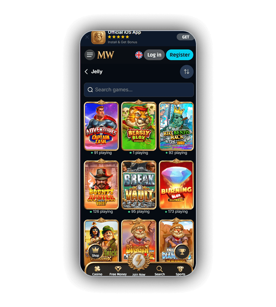 Spieleliste des Studios Jelly bei MythosWin auf dem Handy mit Suchfeld Search games und Kacheln für Adventures of Captain Cash, Beasty Blox, Big Benjis Back, Bounty Hunter, Break the Vault und Burning Blox, jeweils mit der Zahl der aktiven Spieler
