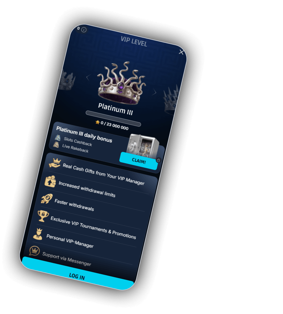 VIP Level Platinum III bei MythosWin auf dem Handy mit einer Krone aus Schlangen und violetten Steinen, Fortschritt 0 von 23 000 000, dem Tagesbonus mit Slots Cashback und Live Rakeback neben einem Tresor und einem Knopf Claim sowie sechs Vorteilen und einem Knopf Log in